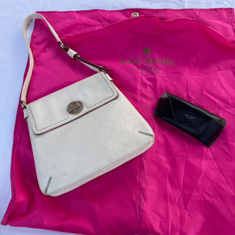 Kate Spade LOT Purse Cream Leather Turnlock Black sunglass case pink garment bag